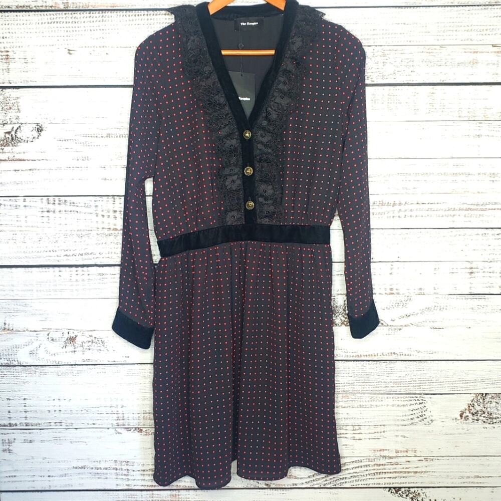 NWT! The Kooples midi dress Black w/ red polka-dot print Lace sz L